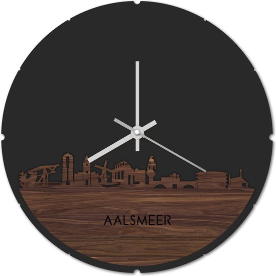 Skyline Klok Rond Aalsmeer Notenhout - Ø 44 cm - Stil uurwerk - Wanddecoratie - Meer steden beschikbaar - Woonkamer idee - Woondecoratie - City Art - Steden kunst - Cadeau voor hem - Cadeau voor haar - Jubileum - Trouwerij - Housewarming -