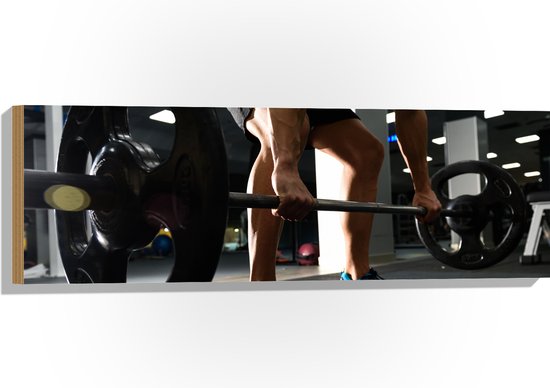 Hout - Mens - Spieren - Schoenen - Oefening - Sporten - Fitness - Sportschool - Gewichten - 90x30 cm - 9 mm dik - Foto op Hout (Met Ophangsysteem)