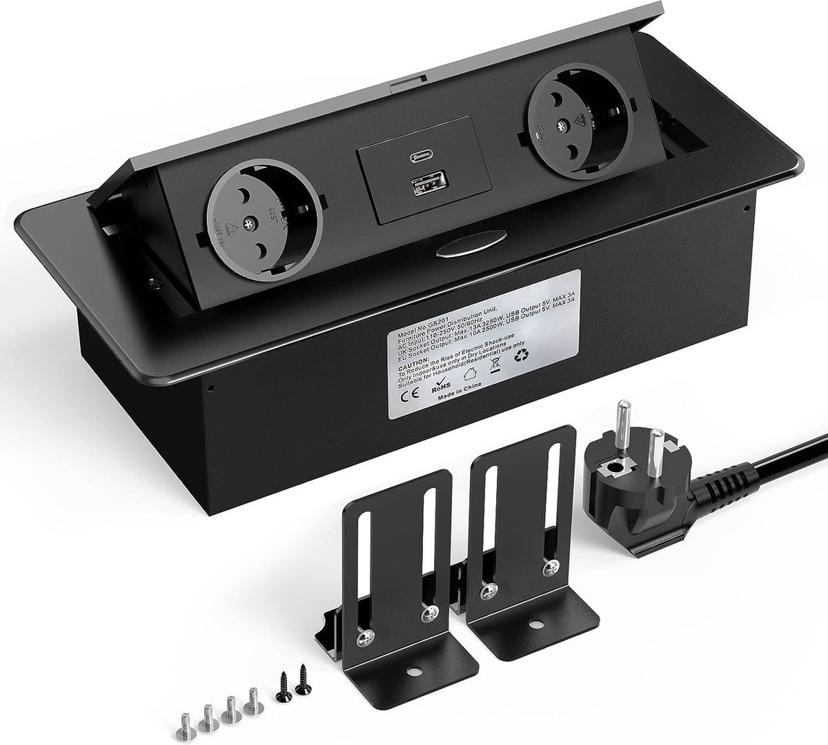 Intelectro Stekkerdoos voor Bureau & Kookeiland - Gebruiksvriendelijk - Eenvoudige Installatie - 2 Stopcontacten - 2 USB Poorten - 1.8m Lange Snoer - Aluminium Behuizing - Duurzaam Ontwerp - Zwart - Levering Sneller dan Aangegeven!