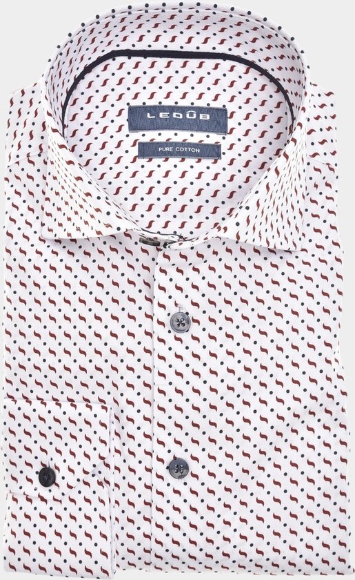 Ledub modern fit overhemd - wit met blauw en rood dessin - Strijkvriendelijk - Boordmaat: 39