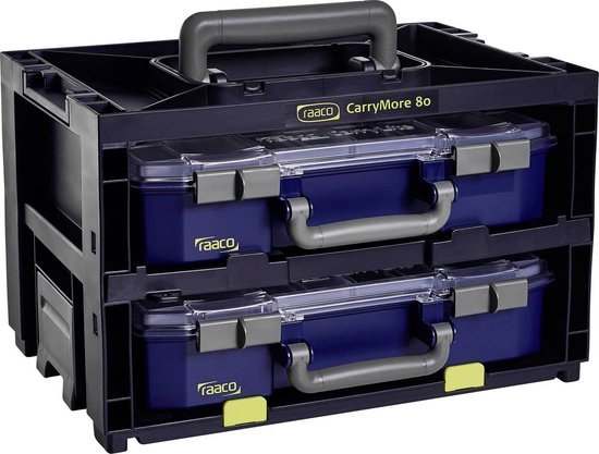 Zwarte raaco CarryMore 80 assortimentskoffer met twee blauwe lades met transparante deksels en grijze handvatten.