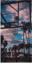 Poster Glanzend – Bal Vallend in Basket bij Palmbomen - 50x100 cm Foto op Posterpapier met Glanzende Afwerking