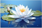 Poster Glanzend – Wit Vol Bloeiende Waterlelie op Water en Leliebladeren - Bloemen - 120x80 cm Foto op Posterpapier met Glanzende Afwerking