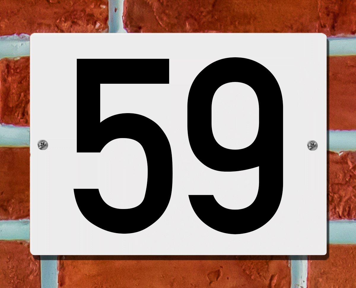 Huisnummerbord Wit - Nummer 59 - 15 x 12 cm - incl. bevestiging | - naambord - nummerbord - voordeur