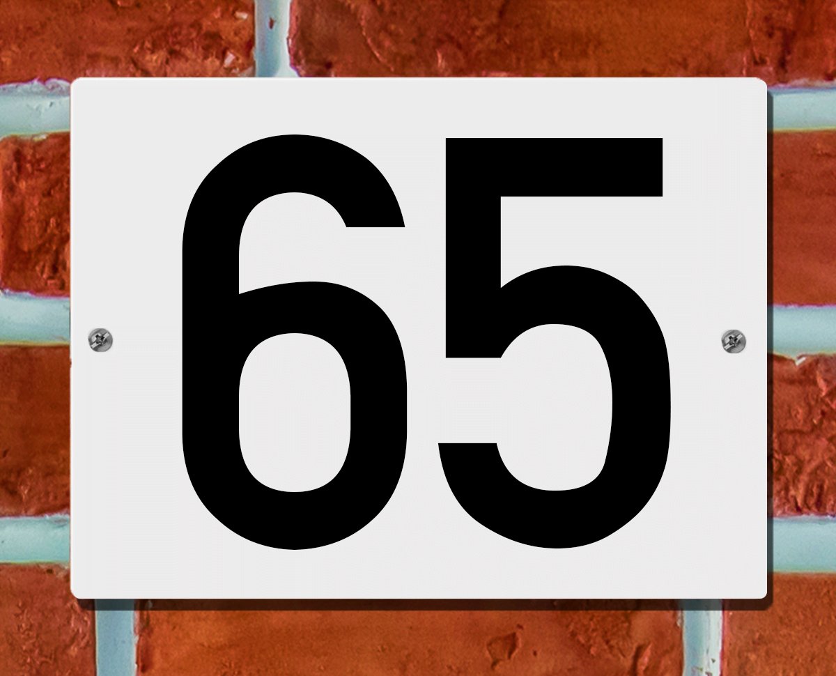 Huisnummerbord Wit - Nummer 65 - 15 x 12 cm - incl. bevestiging | - naambord - nummerbord - voordeur