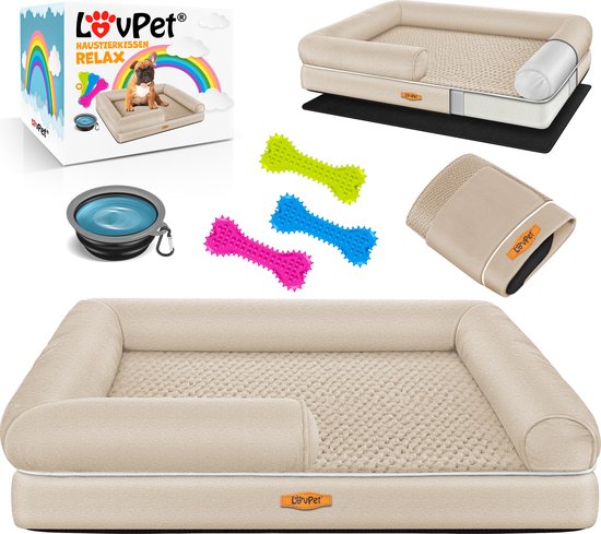 LovPet® Hondenmand Orthopedisch Hondenbed Hondenkussen Relax, Inclusief Kom + 3X Kauwbotten, Hondenbank voor Kleine, Middelgrote & Grote Honden, Hoes Afneembaar en Wasbaar - L (106 x 80 x 25 cm), Beige