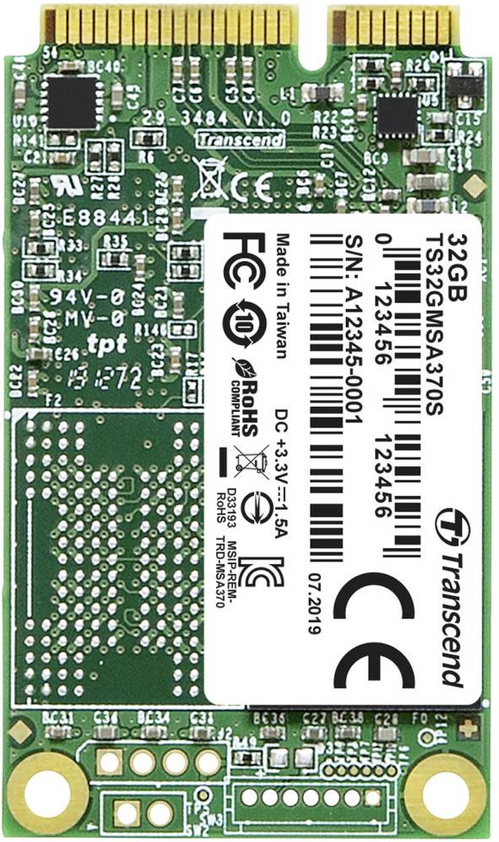 Transcend 32 GB mSATA SSD harde schijf – SATA 6 Gb/s – Retail TS32GMSA370S