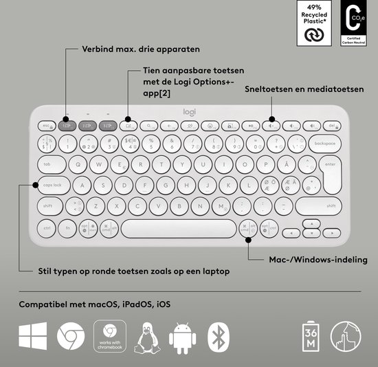 Logitech Pebble Keys 2 K380s - Draadloos Toetsenbord - Bluetooth - Qwerty - White - Logitech