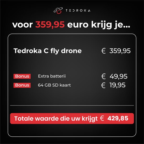 Tedroka C-Fly Drone met GPS 4K-camera | Vliegtijd van 52 minuten | FPV Borstelloze Drone | Professionele Drone | 4K UHD-video | inclusief 2 batterijen&draagbaretas en 64 GB SD kaart