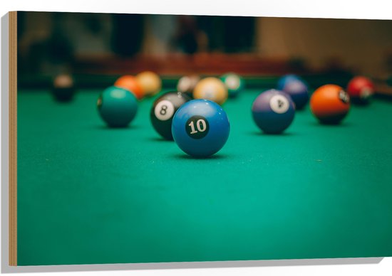 Hout - Biljart Ballen op Biljarttafel - 90x60 cm - 9 mm dik - Foto op Hout (Met Ophangsysteem)