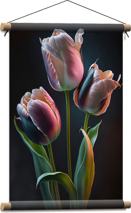 Textielposter - Roze tulpen voor een zwarte achtergrond - Bloemen - 40x60 cm Foto op Textiel