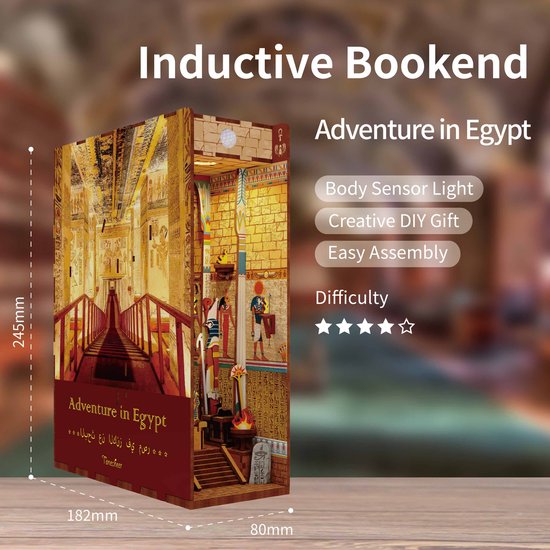Houten 3D-puzzel Boekensteun met 'Adventure in Egypt' thema. Gemaakt van hout met gedetailleerde afbeeldingen van Egyptische architectuur.