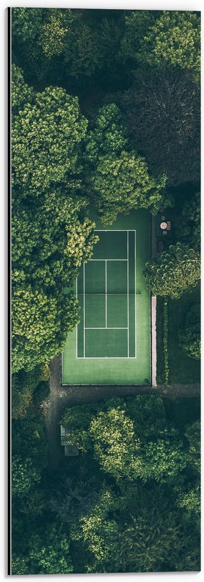 Dibond - Bovenaanzicht van Tennisbaan tussen de Bomen - 20x60 cm Foto op Aluminium (Met Ophangsysteem)