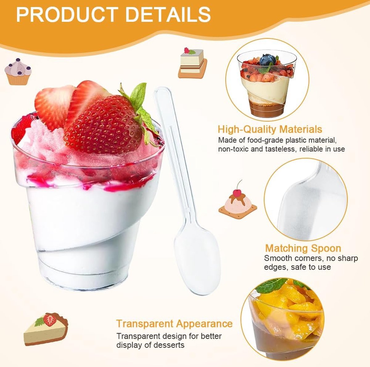 CKJ Dessertbekerset Met Deksel En Lepels, Mini Vierkante Dessertbekers Herbruikbare Plastic Dessertbekers Voor Dessertfeest Pudding Mousse Ijs 60 Ml 50 Stuks
