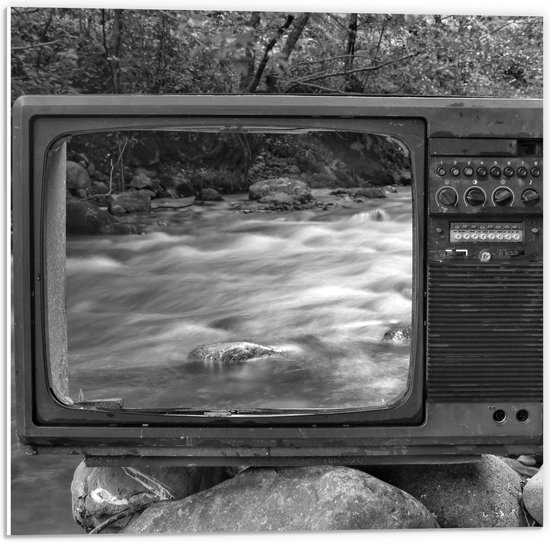 PVC Schuimplaat- Oude Vintage Televisie met Doorkijk op Rivier (Zwart-wit) - 50x50 cm Foto op PVC Schuimplaat