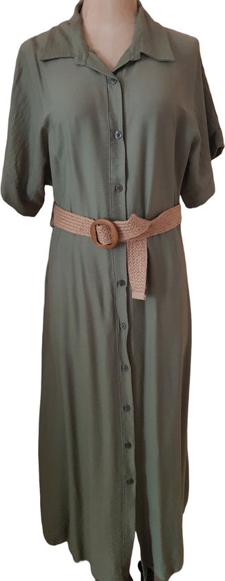 Dames jurk lang model geknoopt effen met riem Army groen One size 36/40