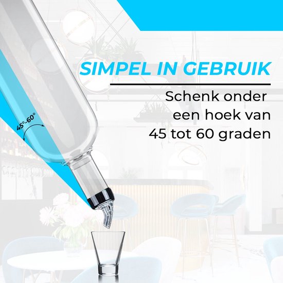 Glazen schenktuit, schuin afgesneden, om te schenken onder een hoek van 45-60 graden.