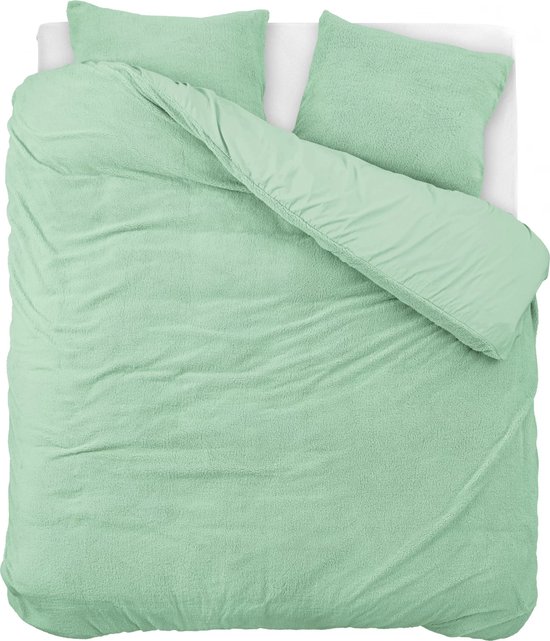 Superzachte teddystof dekbedovertrek uni groen - 200x200/220 (tweepersoons) - heerlijk slapen - cosy look - luxe kwaliteit - met handige drukknopen