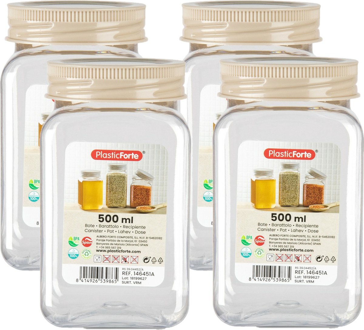 PlasticForte Voorraadpot/bewaarpot - 4x - 500 ml - kunststof - beige - B7 x H13 cm