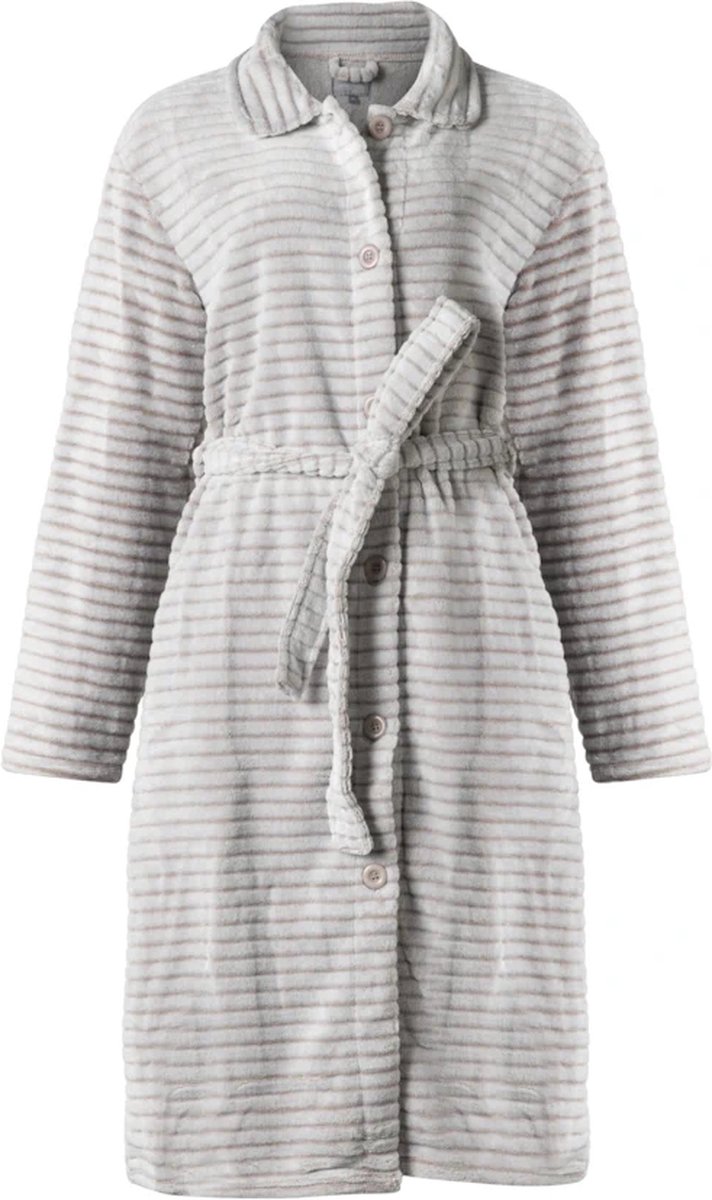 Cocodream dames badjas fleece - met knopen - maat S - Schaduwstreep - zand