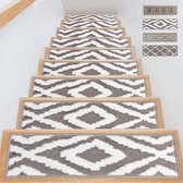 Bol.com Traptreden Matten - Kleur : Geo Grijs-Wit - Set van 15 Interieur Trapmatten 71 x 21 cm Groot Zacht Trapkleed met Antisli... aanbieding