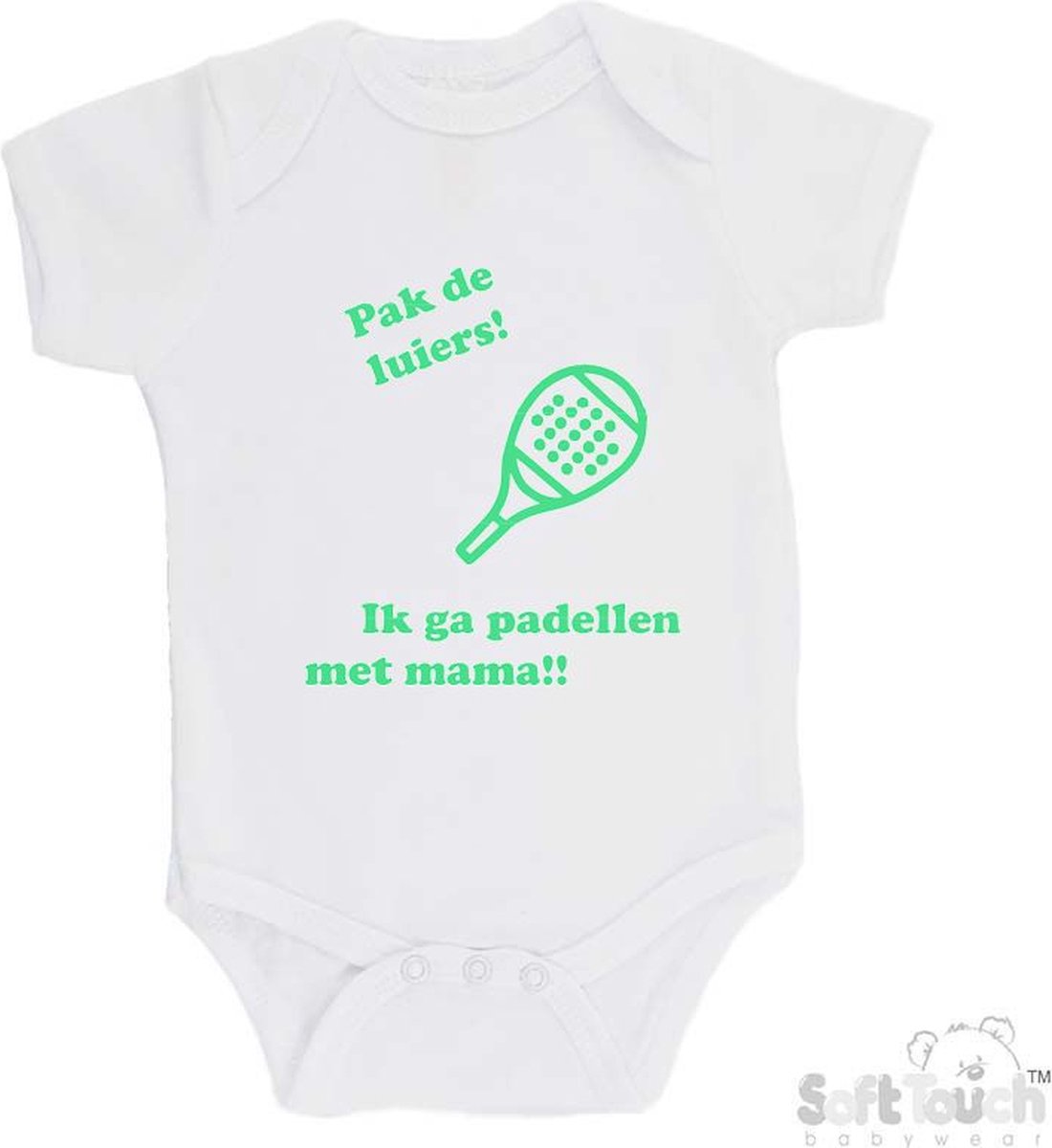 100% katoenen Romper "Pak de luiers! Ik ga padellen met mama!!" Padel Unisex Katoen Wit/mint Maat 68/74