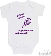100% katoenen Romper "Pak de luiers! Ik ga padellen met mama!!" Padel Meisjes Katoen Wit/paars Maat 56/62
