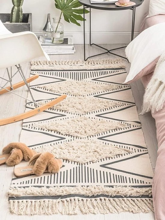 Katoenen tapijt, getuft katoenen tapijt, wasbaar met kwastjes, geweven geometrische shag-overtrek, boho-tapijt voor bijkeuken / slaapkamer (beige, 60 x 130 cm)