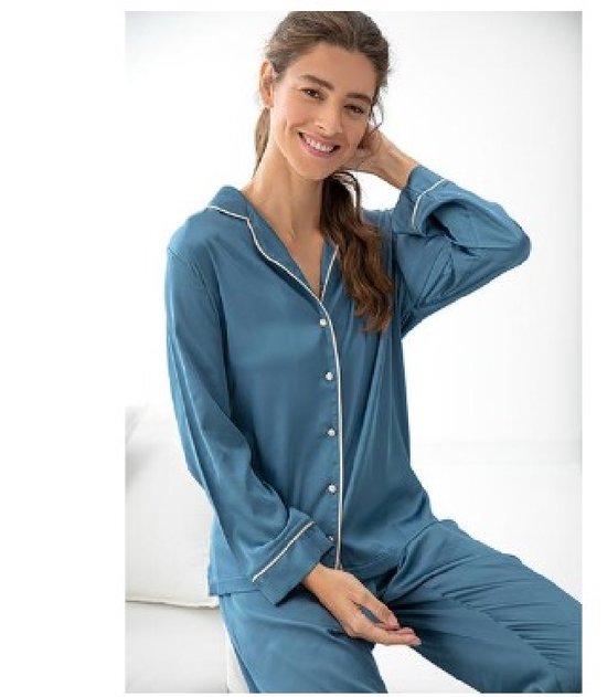 Satijn Dames 2- Delige -Pyjama- Luxe Pyjamaset- Nachtkleding Petrolblauw Maat M