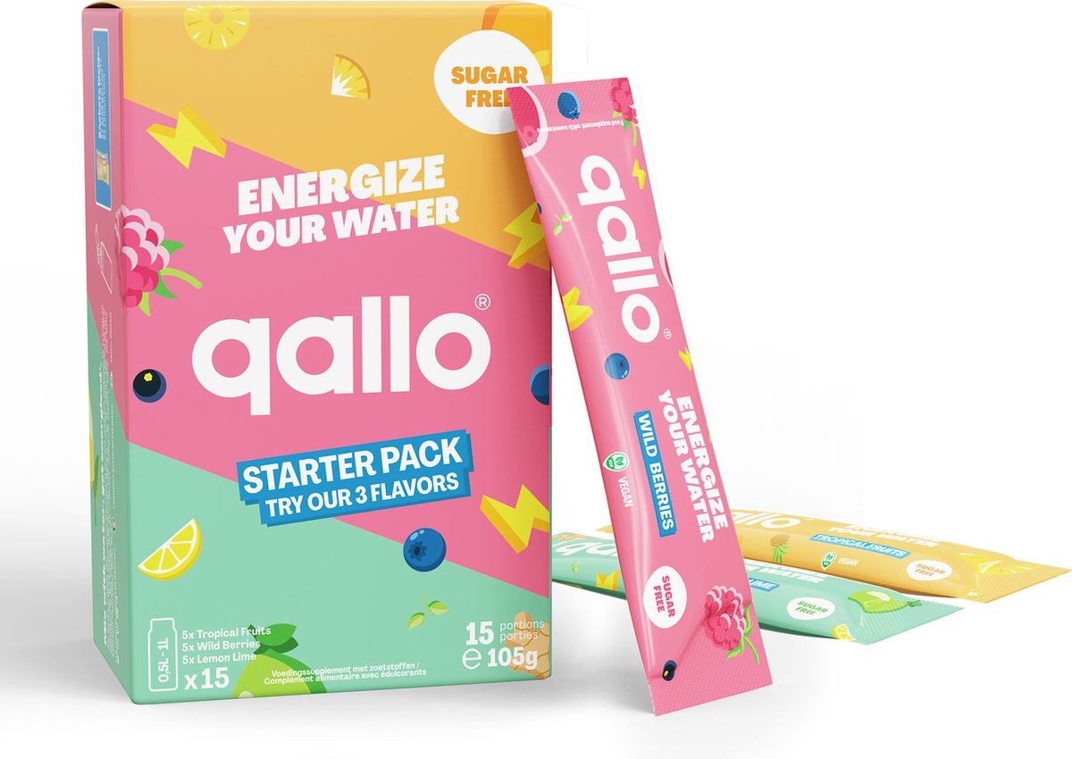 Qallo Energy Drink Poeder Starter Pack - 15 zakjes - Vegan Suikervrije Energizer - Met Vitamine B - Inhoud 15 x 7gr