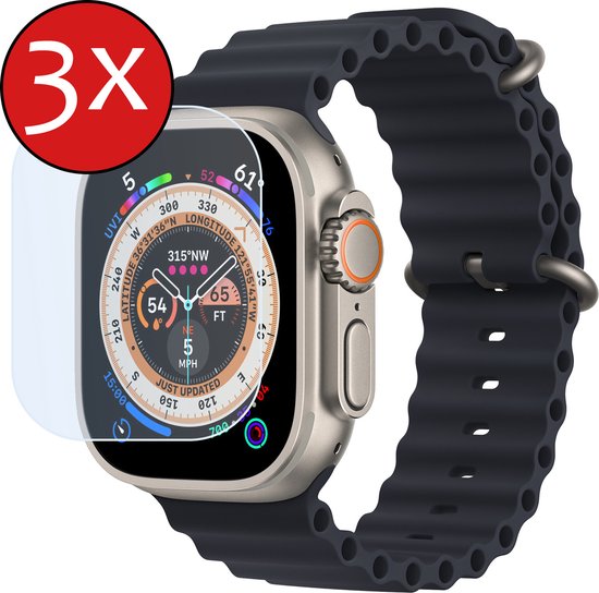 Apple Watch Ultra 2 met donkerblauwe band en een screenprotector. Een rode cirkel met '3x' geeft aan dat het een 3-pack is.