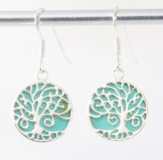 Ronde zilveren oorbellen met levensboom op groene turkoois