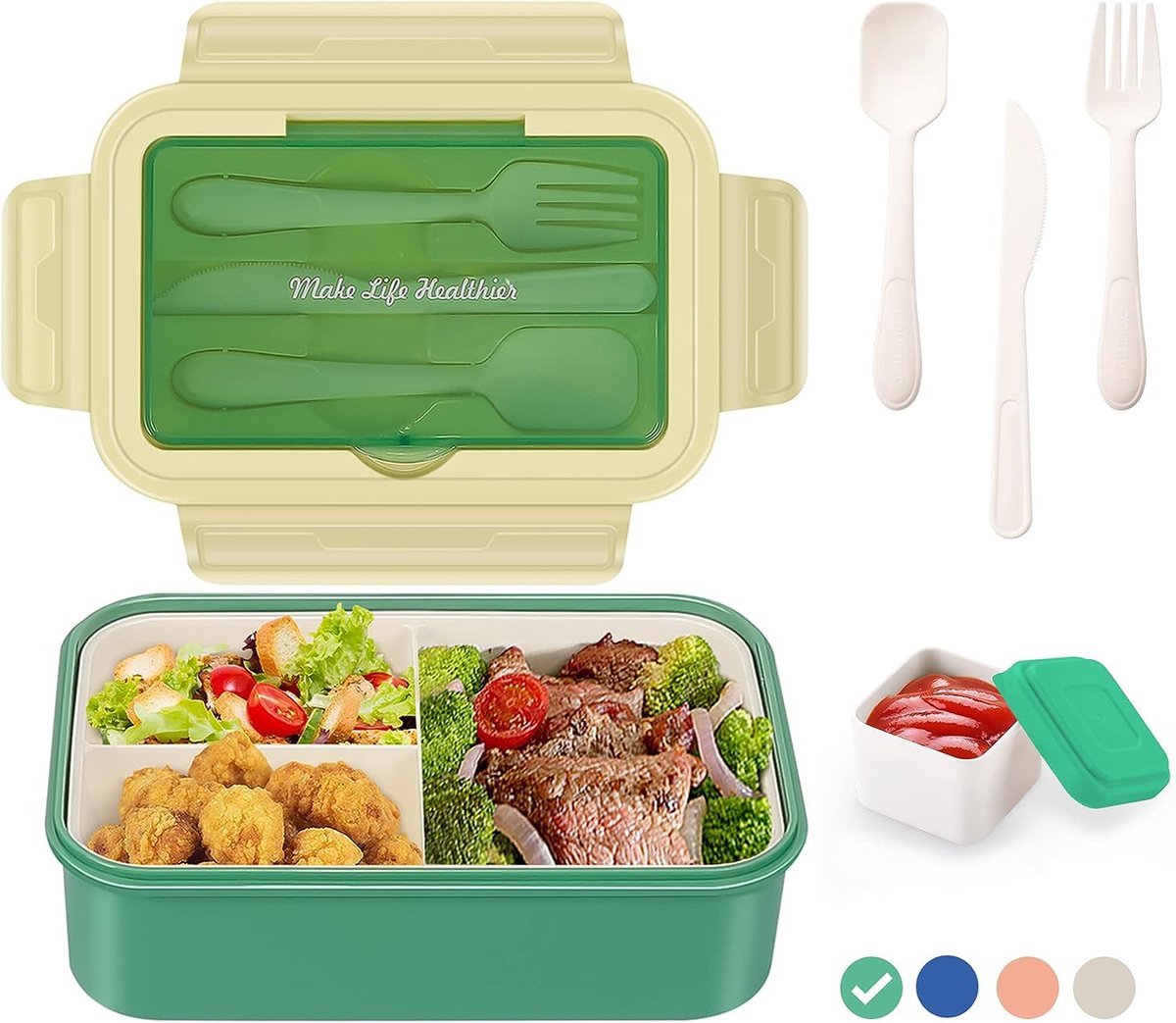 Lunchbox met 3 vakken - Groen - 1400 ml - Broodtrommel met bestek en extra bakje - Snackbox voor school, werk, picknick - Magnetron/vaatwasserbestendig