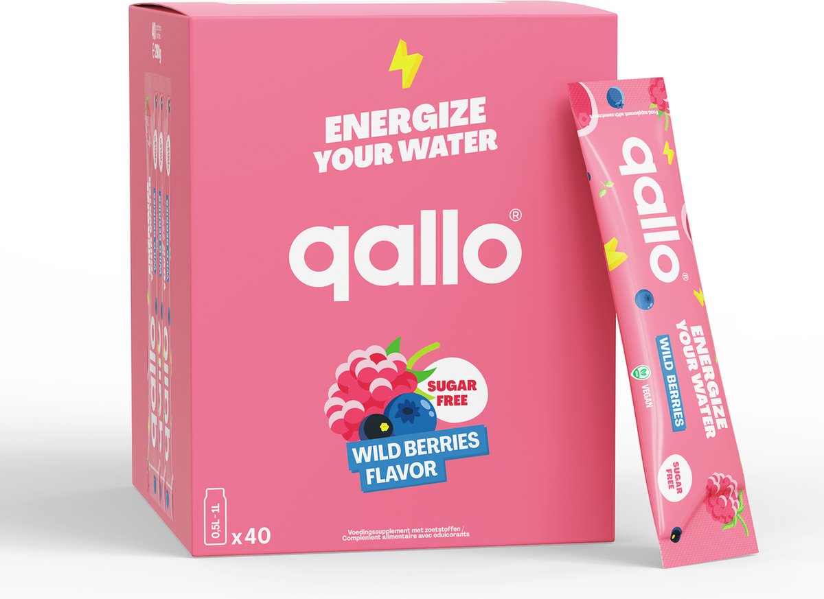 Qallo Energy Drink Poeder Wild Berries - 40 zakjes - Vegan Suikervrije Energizer - Met Vitamine B - Inhoud 40 x 7gr