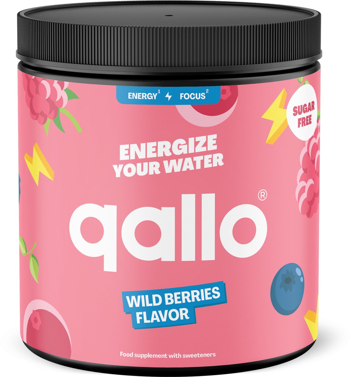 Qallo Energy Drink Poeder Wild Berries Tub - 40 porties - Vegan Suikervrije Energizer - Met Vitamine B - Inhoud 40 x 7gr