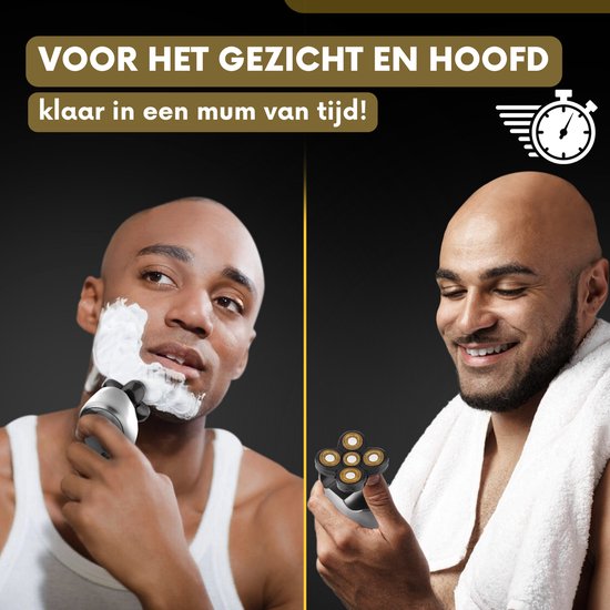 Man met scheerschuim scheert hoofd, andere man met handdoek en scheerapparaat. 'Voor gezicht en hoofd'.