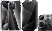 Hoesje geschikt voor iPhone 15 Pro - Privacy Screenprotector FullGuard & Camera Lens Screen Protector - Back Cover Case ShockGuard Transparant