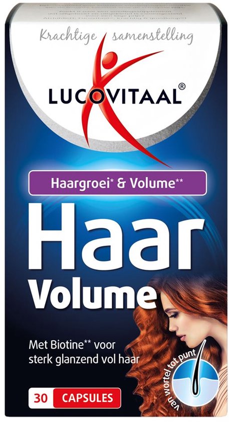 Lucovitaal Haar Volume verpakking met rode vrouw met vol haar, 30 capsules.