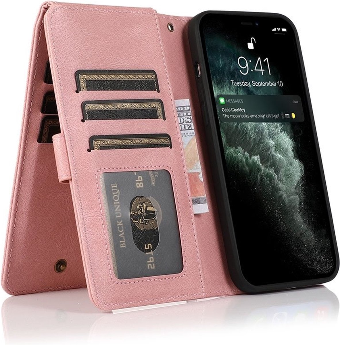 Zacht Leren geschikt voor iPhone 15 Plus Wallet Hoesje - roze