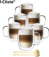 Dubbelwandige Koffieglazen Met Oor Met Gratis 6x Lepels - Latte Macchiato Glazen - 400ML - Dubbelwandige Theeglazen - 6x - Cappuccino Glazen - Koffieglazen