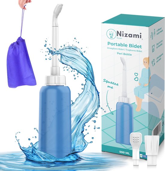 Nizami Mobiele Bidet - Peri Bottle - Draagbare Bidet - Blauw - 500ML - Incl. Reiszakje & 2 Sproeikoppen