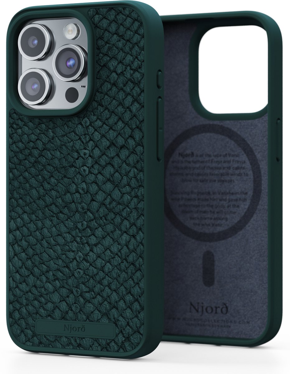 Njord Collections Zalm Leder Telefoonhoesje - Geschikt voor iPhone 15 Pro - Gereycled / Duurzaam materiaal - 2 Meter valbescherming - Mag Compatible / Inclusief Magnetische Ring – Groen