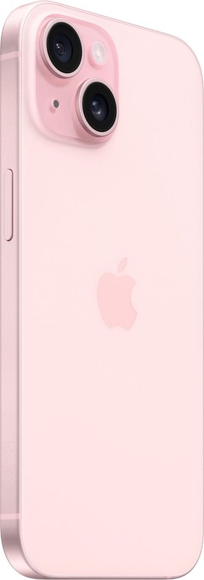 Roze iPhone 15, achterkant met dubbele camera en Apple logo, op witte achtergrond.