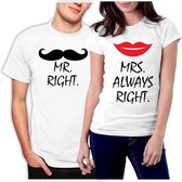 PicOnTshirt - Teetalks Series - T-Shirt Dames - T-Shirt Heren - T-Shirt Met Print - Couple T-Shirt Met 'Mr. Right & Mrs. Always Right' Print - 2 Pack - Wit - Heren S/Dames XS