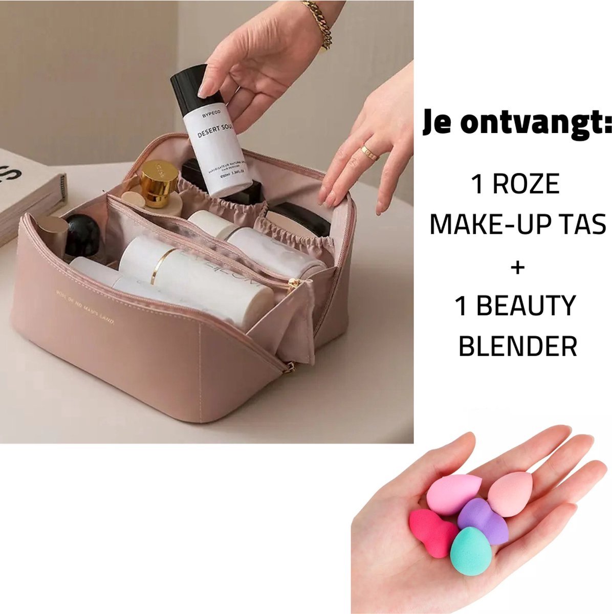 Beauty Make-up Tasje - Set van 3 producten en tas - GLAM & GLOW - highlight pallet - contour borstel en gezicht glitter fixing spray - 3 stuks