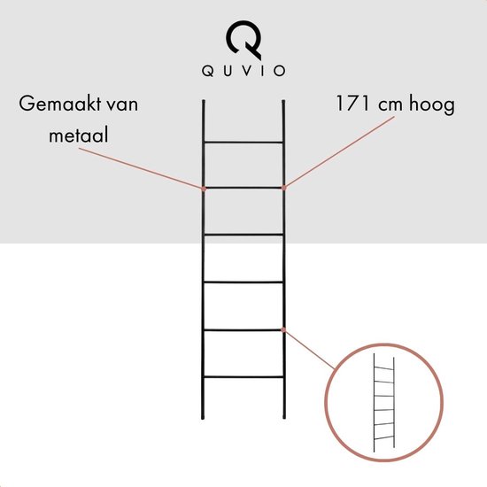 QUVIO Decoratie ladder - Decoratieve ladder - Handdoekladder - Wandrek - Kledingrek - Vrijstaand - Voor binnen - Decoratieve accessoires - Industrieel - Zwart - Metaal - 171 x 41,5 cm