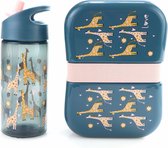 Boîte à lunch girafe + gourde Rose- Blauw | Boîte à lunch bento joyeuse avec gobelet pour enfants | Bouteille d'eau sans BPA | LS33