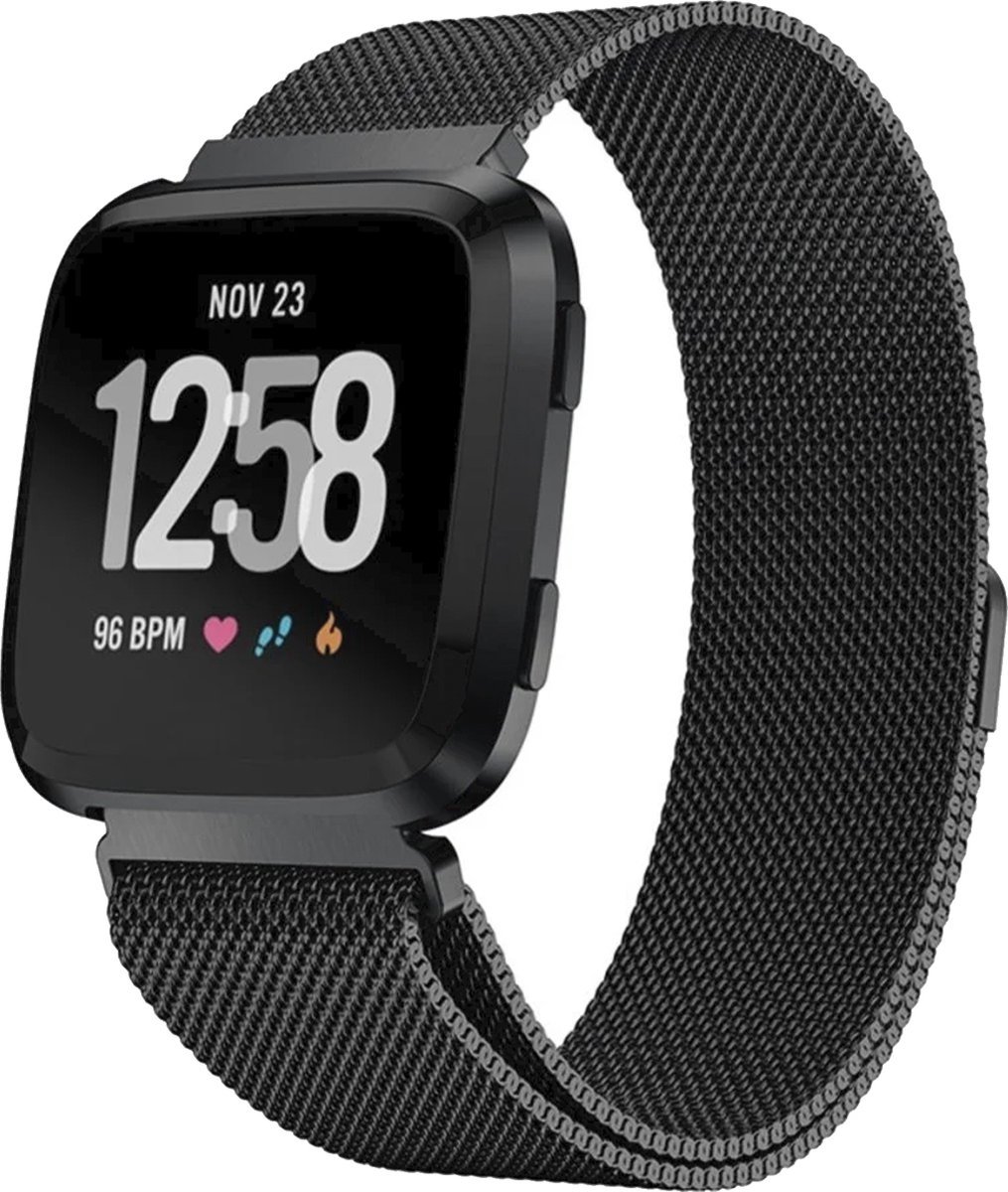 WoniQ Milanees Bandje Geschikt voor de Fitbit Versa 1/2 & Lite bandje - Fitbit Versa 2 Bandje - Zwart - met een stevige magneetsluiting gemaakt van RVS