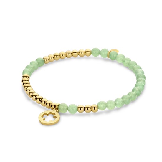 CO88 Collection 8CB-91268 Bracelet de Perles en acier et jade avec pendentif - Trèfle - Diamètre 10 mm - 4 et 3,5 mm - Extensible - 17,8 cm - Doré ; Vert