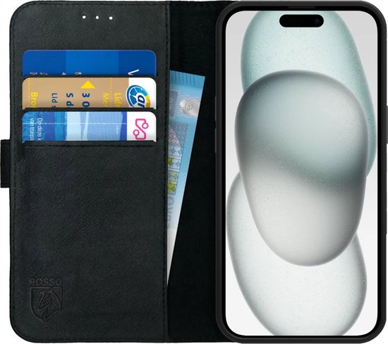 Rosso Deluxe Étui en Cuir véritable pour Apple iPhone 15 Pro | Espace pour trois cartes | Étui portefeuille | Avec porte-cartes | Noir